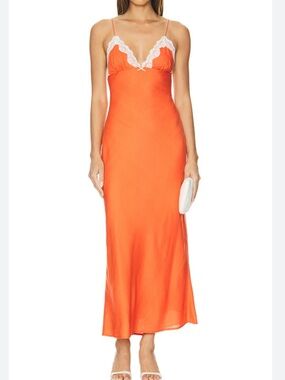 REVOLVE NIA Jasmine Slip Dress in Tigerlily Orange with White Lace Trim